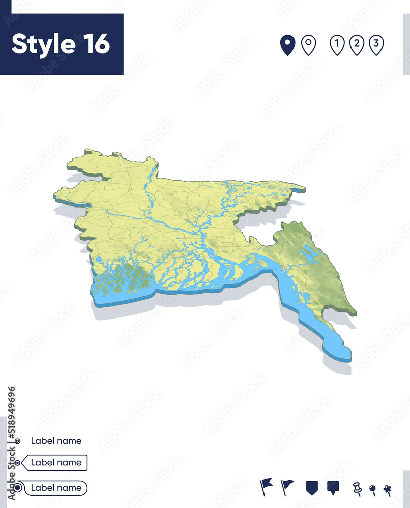 Bangladesh - map with shaded relief, land cover, rivers, mountains ...