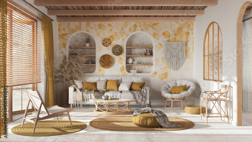 Bohemian wooden living room with wallpaper, parquet and cane ceiling. Sofa, jute carpet and rattan armchairs in white and yellow tones. Boho style interior design