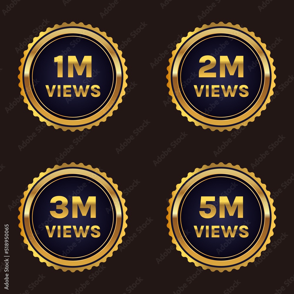 golden color 1 million to 5 million views celebration badge vector, 1m plus views sticker