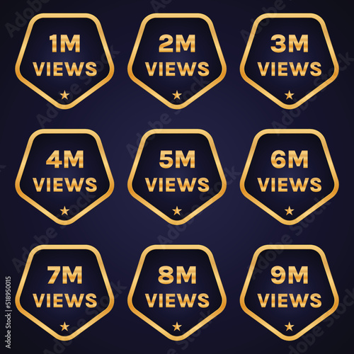golden color 1 million to 9 million views celebration banner design set vector, 1m plus views sticker