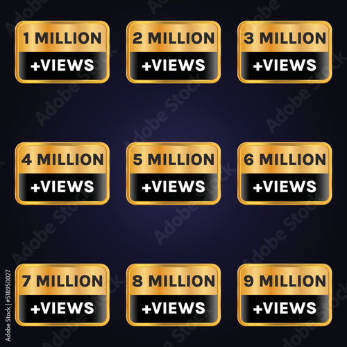 golden color 1 million to 9 million views celebration banner design set vector, 1m plus views sticker