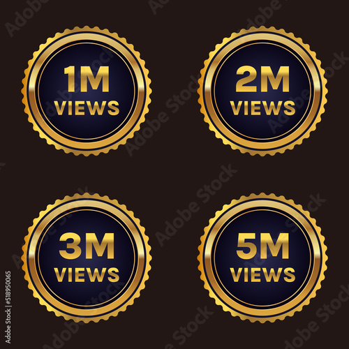 golden color 1 million to 5 million views celebration badge vector, 1m plus views sticker