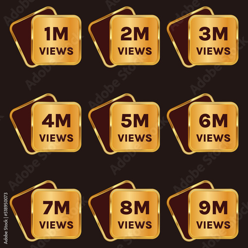 golden color 1 million to 9 million views celebration banner design set vector, 1m plus views sticker