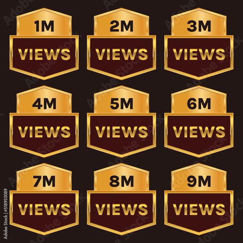 golden color 1 million to 9 million views celebration banner design set vector, 1m plus views sticker