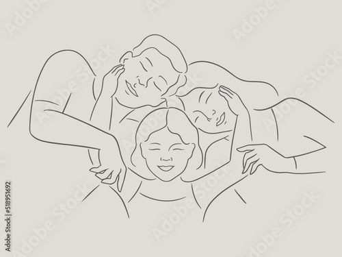 Vector sketch illustration of dad mom and daughter. Parents and child, happy family concept