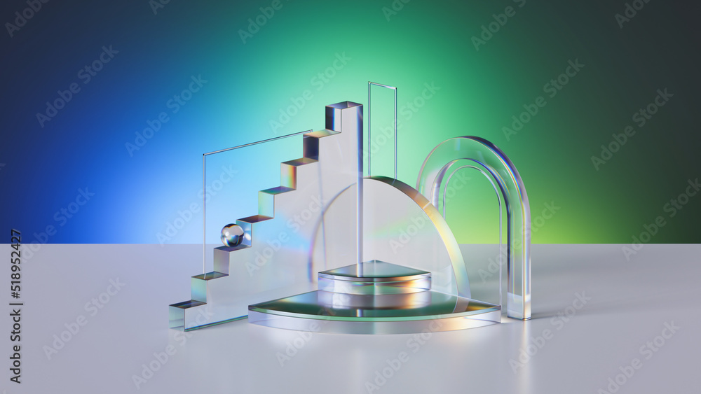 3d render, abstract geometric background with clear glass shapes illuminated with blue green light. Modern minimal showcase for product presentation
