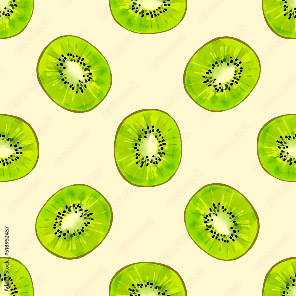 Fototapeta premium Seamless pattern with illustration of kiwi slices on a light background