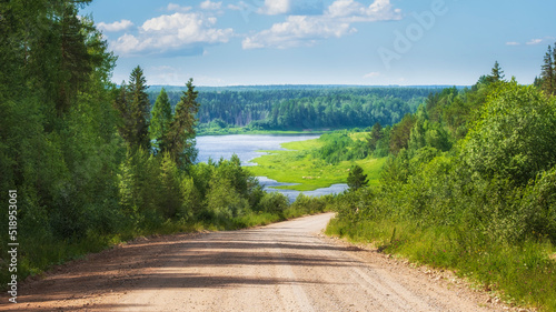 Beautiful observation deck Yarnema descent in the Arkhangelsk region, view from the hill to the road, forest and Onega river near the village of Yarnema, Nature of the north in summer