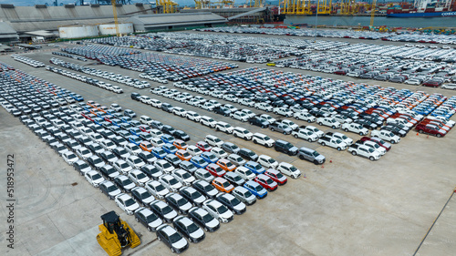 Many new cars parking before shipping to Dealer Customer, Care shipping to Ro-Ro Ship for import export Freight forwarding , Logistics transportation dealer shipping Cars Cars Export Terminal at Yokoh