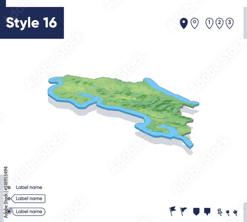 Costa Rica - map with shaded relief, land cover, rivers, mountains. Biome map with shadow.