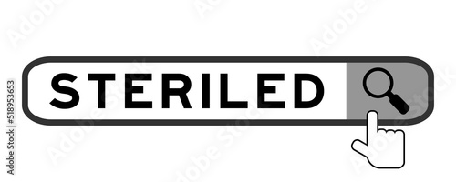 Search banner in word steriled with hand over magnifier icon on white background