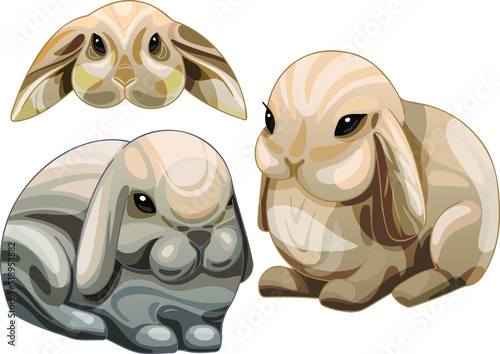 A set of cartoon drawn animals. Rabbit breed of American fuzzy lop.