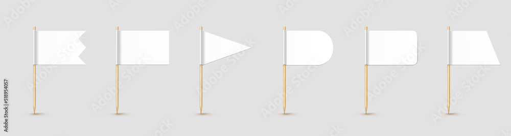 Toothpick flags isolated on wood stick with white paper. Realistic little tooth pick for lunch. Vector cocktail decoration Toothpick flags isolated on wood stick with white paper. Realistic little tooth pick for lunch. Vector cocktail decoration