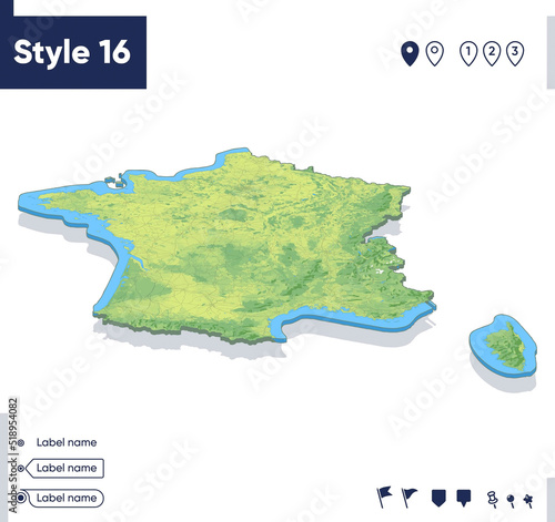 France - map with shaded relief, land cover, rivers, mountains. Biome map with shadow.