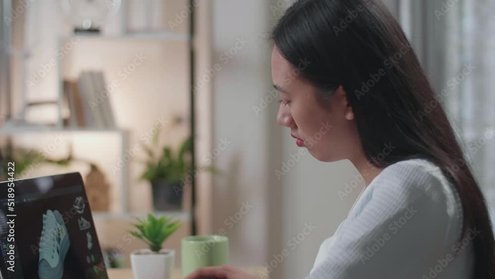 Close Up Of Asian Female Footwear Designer Thinking Then Raising Index Finger While Designing Shoe On A Laptop At Home. Shoe Production Procedure Concept
Close Up Of Asian Female Footwear Designer Thinking Then Raising Index Finger While Designing Shoe On A Laptop At Home. Shoe Production Procedure Concept