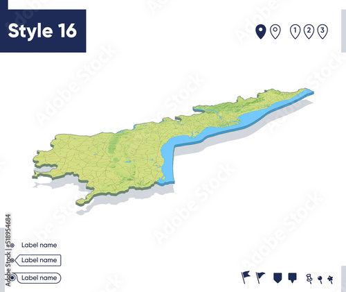 Andhra Pradesh, India - map with shaded relief, land cover, rivers, mountains. Biome map with shadow.