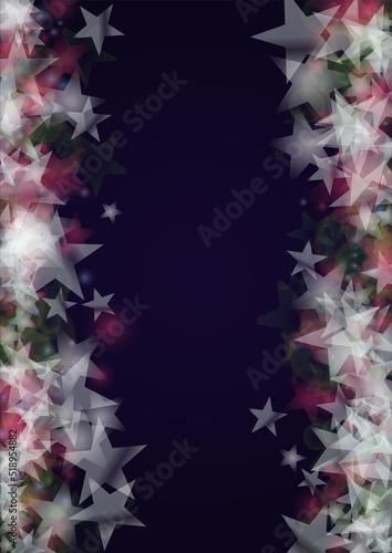 Vector Magical Glowing Background with Silver and Purple Falling Stars on Black. Sparkle Star Night Design. Glittery Confetti Frame. Cosmic Bokeh Light. Christmas and New Year Poster