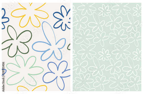 Simple Hand Drawn Floral Vector Patterns. Yellow and Blue Irregular Shape Flowers on a Light Mint Blue and  Off-White Background. Abstract Garden Print. Modern Seamless Pattern with Outline Flowers.