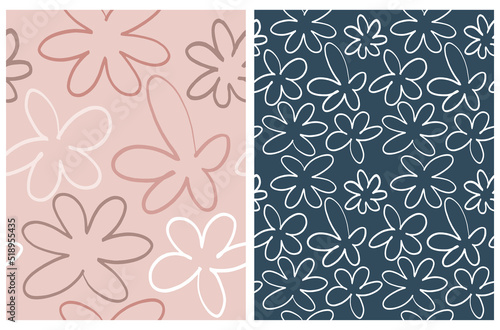 Simple Hand Drawn Floral Vector Pattern Set. Irregular Shape Flowers on a Light Pink and Drak Blue Background. Abstract Garden Print. Modern Seamless Pattern with Outline Flowers ideal for Fabric. 