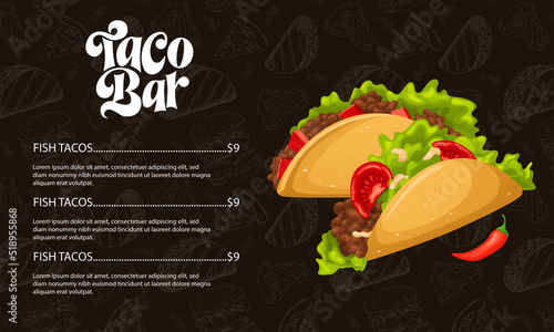 Menu taco typography mexican food with hand drawn lettering. Cartoon fast street food isolated . Vector illustration