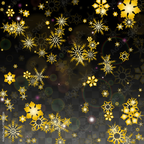 Christmas  Vector Background with Gold Falling Snowflakes Isolated on Transparent Background. Realistic Snow Sparkle Pattern. Snowfall Overlay Print. Winter Sky. Design for Party Invitation.