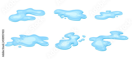 Set of water puddle, liquid cartoon style. Drop isolated on white background. Blue split, splash on floor. Vector illustration