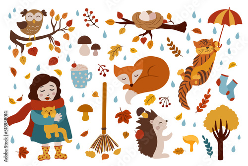 Cartoon collection of fall season vector elements. Vector set of autumn elements, a cute hedgehog, a girl with a kitten, a cat with an umbrella, a funny owl and more
