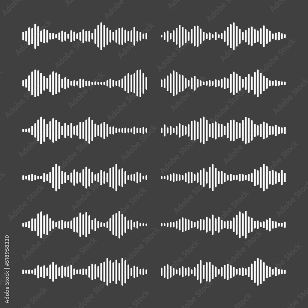 Voice message, mail. Social media chat conversation. Messaging app, music player, audio or video editor interface element. Voice assistant recorder. Sound wave pattern. Dark mode. Vector illustration