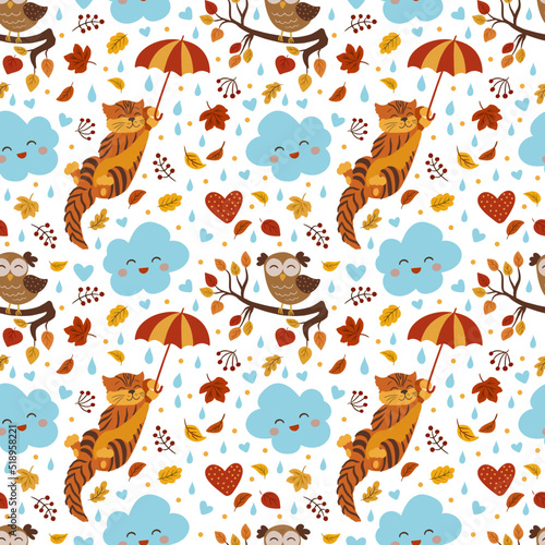 Autumn vector seamless pattern with cutecat, owl, mushrooms and falling leaves photo