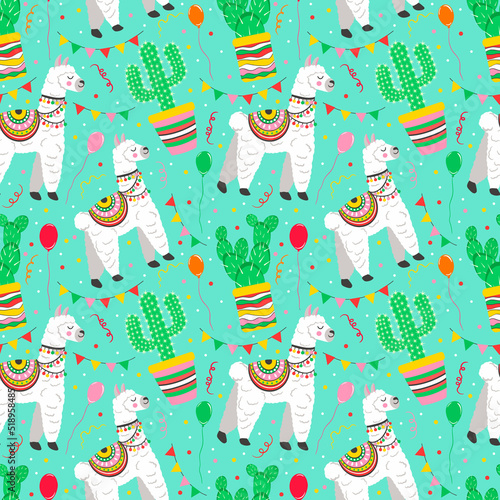 Cute lama alpaca in celebrate style with cactuses, vector seamless pattern