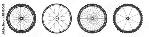 Black bicycle wheel symbols collection. Bike rubber tyre silhouettes. Fitness cycle, road and mountain bike. Vector illustration.