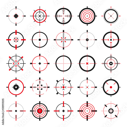 Crosshair, gun sight vector icons. Bullseye, black target or aim symbol. Military rifle scope, shooting mark sign. Targeting, aiming for a shot. Archery, hunting and sports shooting. Game UI element.