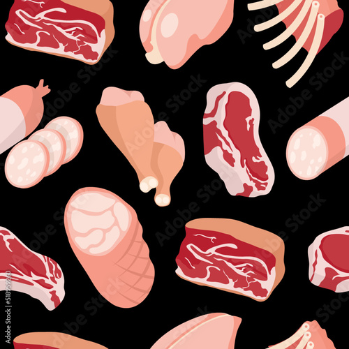 Cartoon meat products seamless pattern. Chicken and sausages. Steaks, pork, lumb and beef vector set. Fras, raw farm meat concept isolated on white background photo