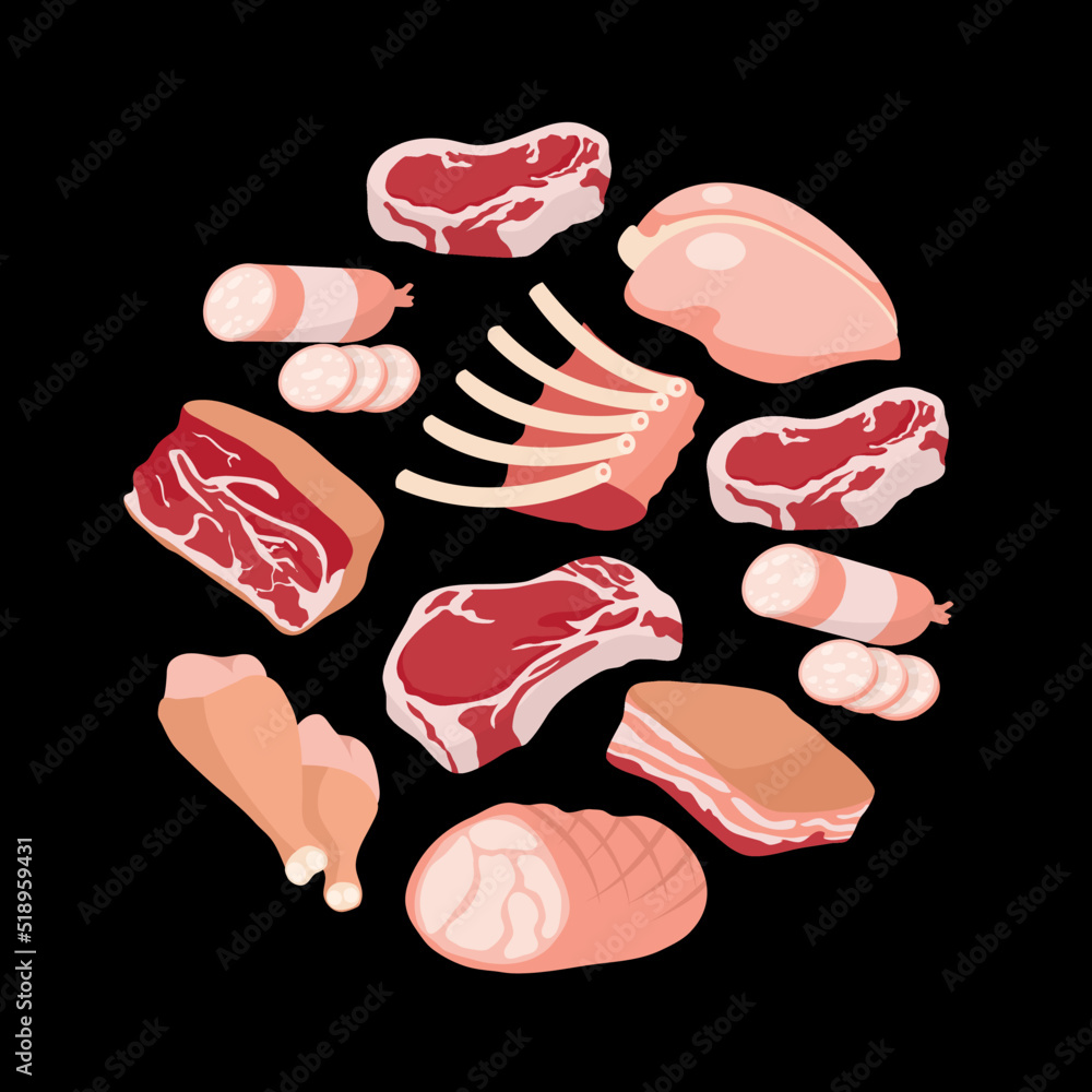 Cartoon meat products. Steaks, pork, lumb and beef vector set. Fras ...