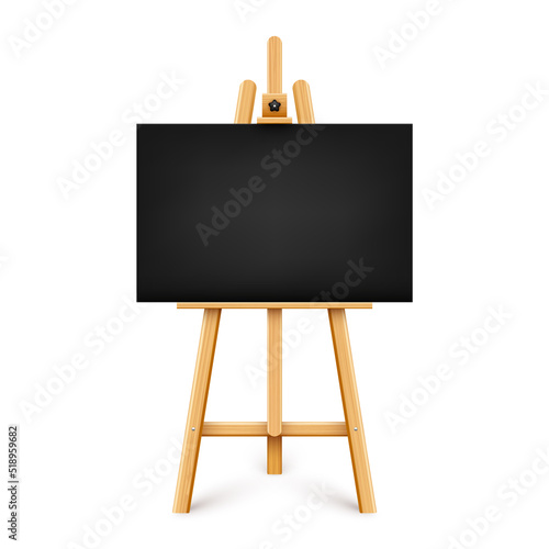 Realistic paint desk with blank black canvas. Wooden easel and a sheet of drawing paper. Presentation board on a tripod. Artwork mockup, template. Vector illustration