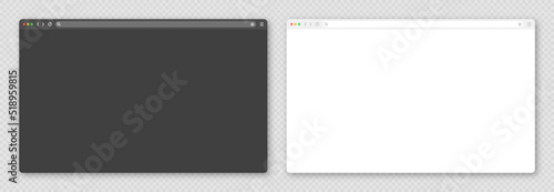 Blank web browser window with toolbar and search field. Modern website, internet page in flat style. Browser mockup for computer, tablet and smartphone. Light and dark mode. Vector illustration