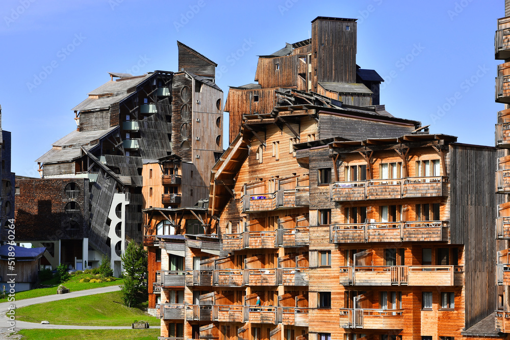Avoriaz mountain resort, with strange wooden buildings, Portes du Soleil region , Alps Mountains, France - obrazy, fototapety, plakaty 