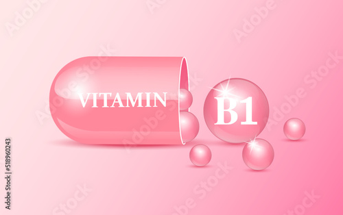 Capsule vitamin B1 structure pink and white with circular bubbles flowing out. Beauty concept. Personal care. 3D Vector Illustration. transparent capsule pill. Drug business concept.