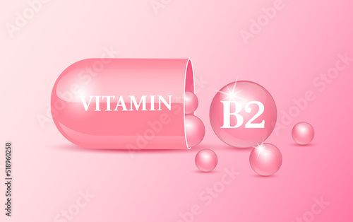 Capsule vitamin B2 structure pink and white with circular bubbles flowing out. Beauty concept. Personal care. 3D Vector Illustration. transparent capsule pill. Drug business concept.