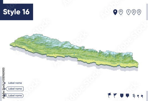 Nepal - map with shaded relief, land cover, rivers, mountains. Biome map with shadow.