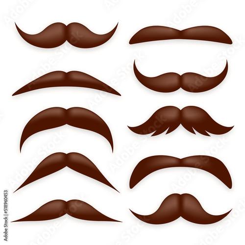 Various brown mustache collection. Vintage, retro mustaches. Facial hair, hipster beard. Vector illustration