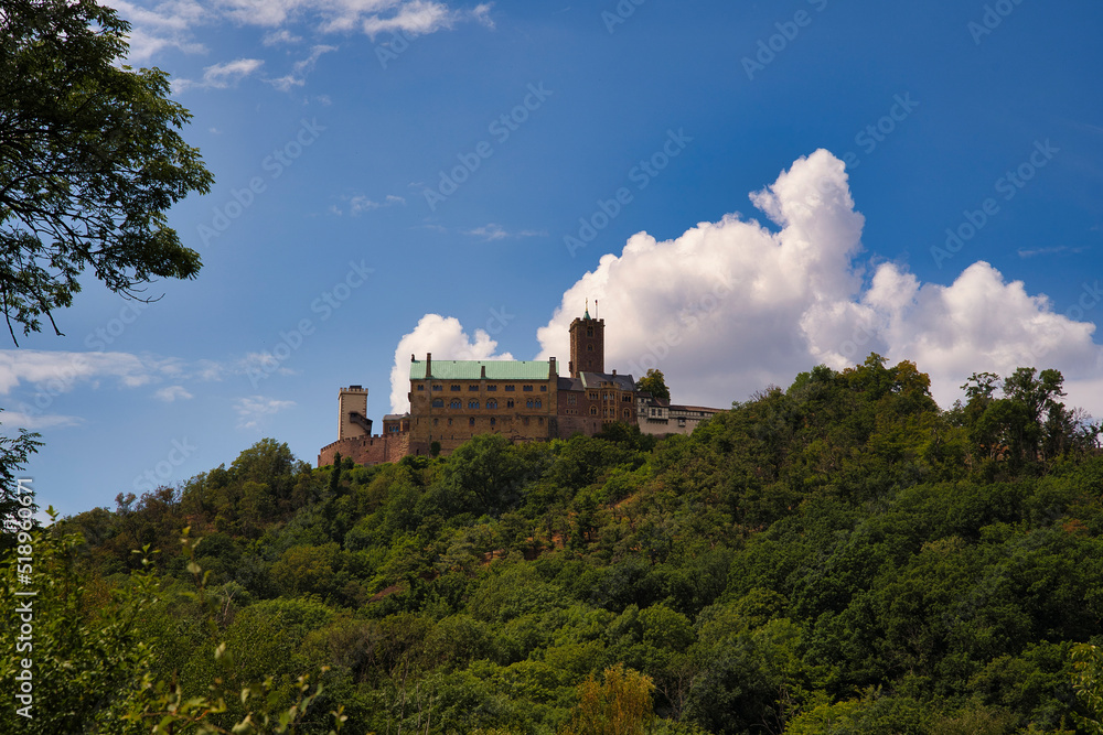 Classic panoramic view of Wartburg Castle in the Thuringian Forest near Eisenach, Thuringia, Germany