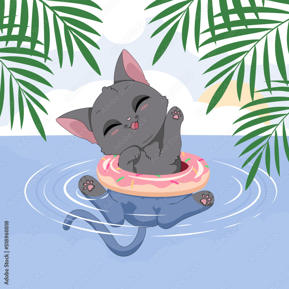 Uroczy mały szary kotek w kole do pływania, bawiący się w wodzie. Wektorowa ilustracja zadowolonego, rozbawionego kota. Słodki, zabawny zwierzak. Letnia, wakacyjna ilustracja. - obrazy, fototapety, plakaty 