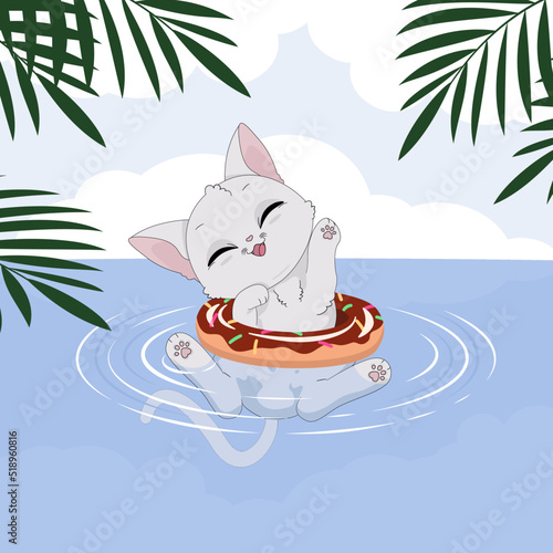 Uroczy mały biały kotek w kole do pływania, bawiący się w wodzie. Wektorowa ilustracja zadowolonego, rozbawionego kota. Słodki, zabawny zwierzak. Letnia, wakacyjna ilustracja.