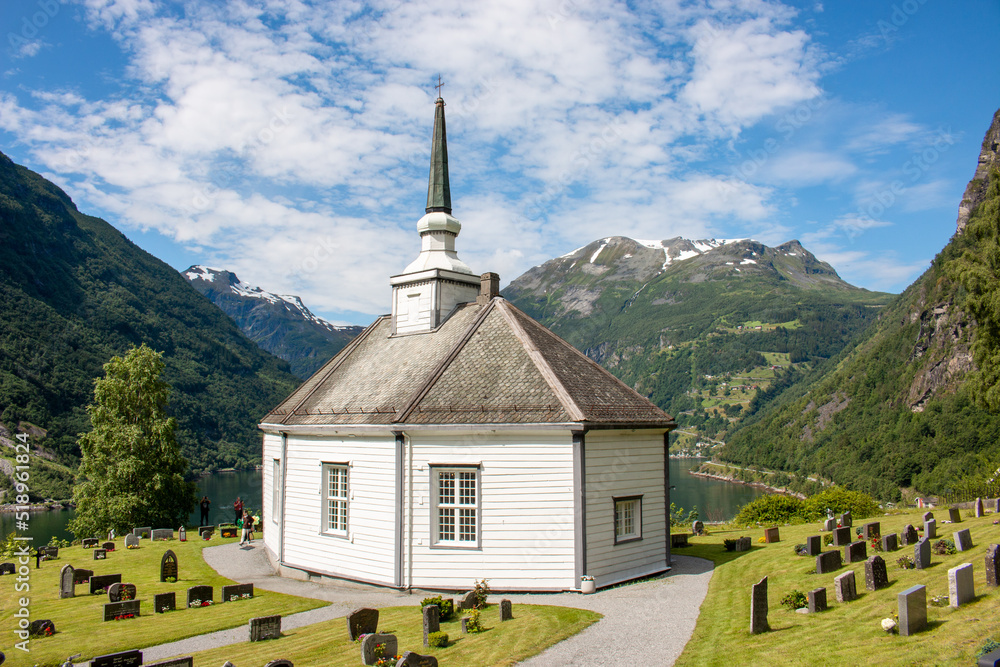 Geiranger church (Geiranger kyrkje) Møre og Romsdal at Geirangerfjorden in Norway (Norwegen, Norge or Noreg)