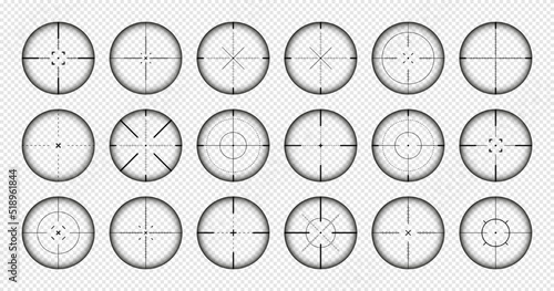 Various weapon sights, sniper rifle optical scopes. Hunting gun viewfinder with crosshair. Aim, shooting mark symbol. Military target sign, silhouette. Game interface UI element. Vector illustration