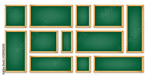 Realistic various chalkboards in a wooden frame. Green restaurant menu board. School blackboard, writing surface for text or drawing. Blank advertising or presentation boards. Vector illustration