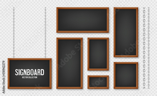 Signboards in a wooden frame hanging on a metal chain. Restaurant menu board. School chalkboard, writing surface for text or drawing. Blank advertising or presentation boards. Vector illustration