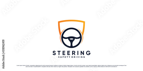 Car steering logo design illustration with shield and creative concept Premium Vector