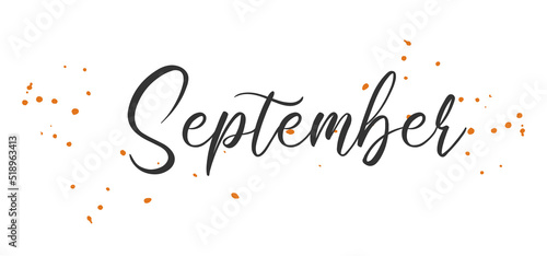 September Autumn word on white background. Hand drawn Calligraphy lettering Vector illustration